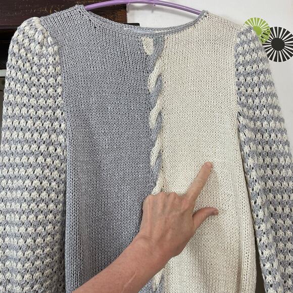 Vintage Gray & White Puff Sleeve Sweater, 1980s Cable Knit Nannell Boatneck Sz S - Picture 14 of 15